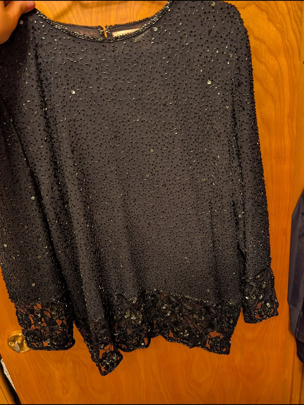 100% Silk Black Sequin Beaded Evening Top